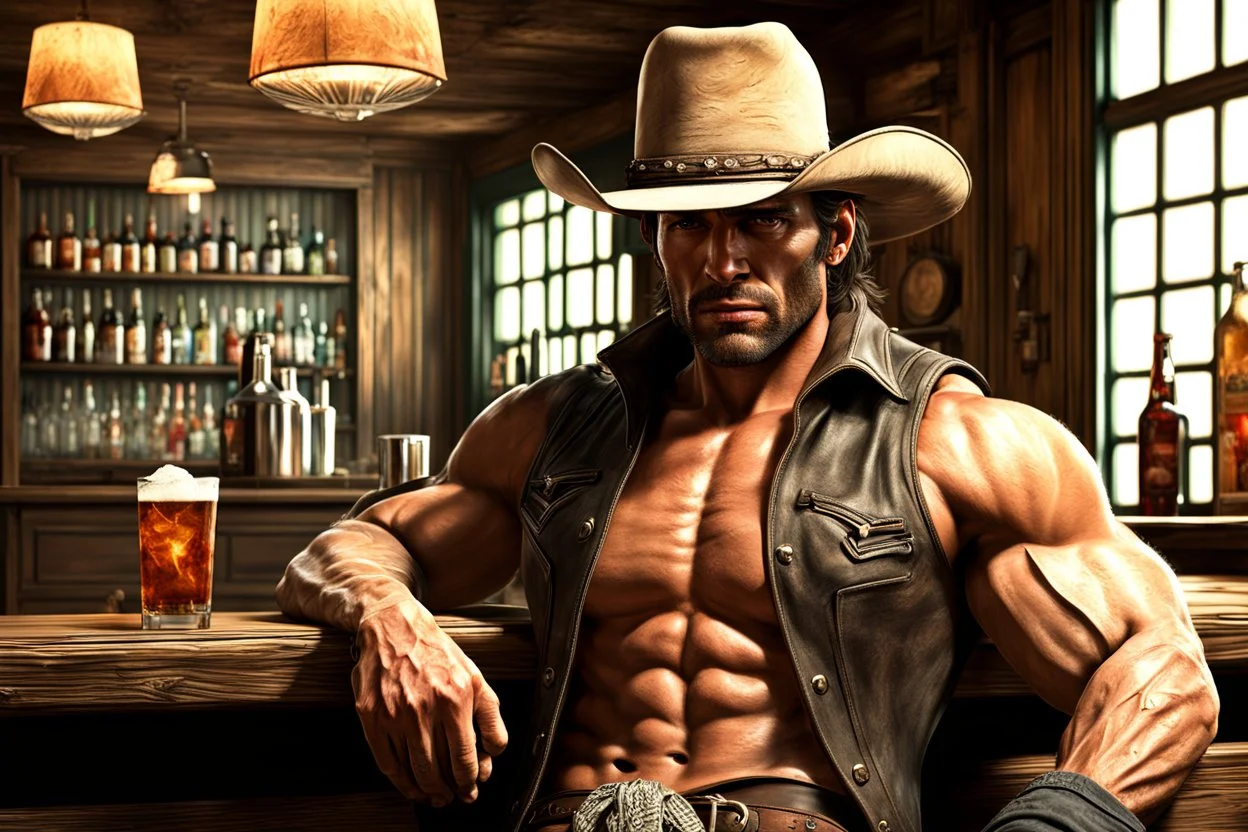 Rough looking muscular cowboy photorealistic in a saloon waiting for the bartender