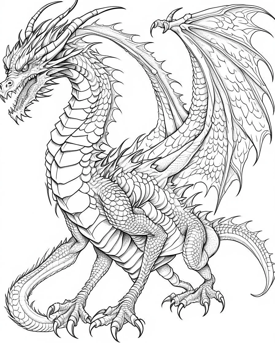 coloring image of full body dragon, line art, realistic, white background