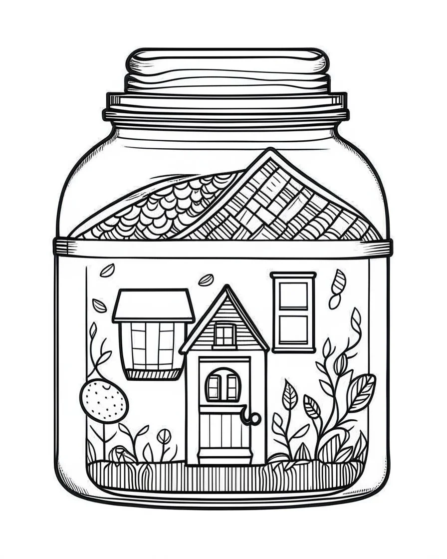 little house life in jar minimalistic, line art, background, vector, svg, coloring book page style, black outline on white background