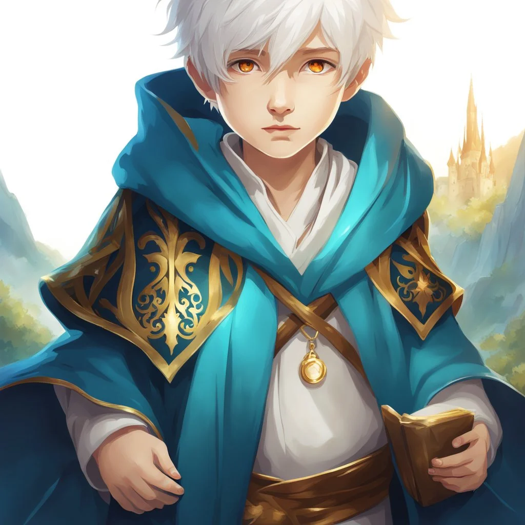 Fantasy World, A boy only wearing a closed wizards robe, and wearing a wizards hat. White Hair. Golden Eyes