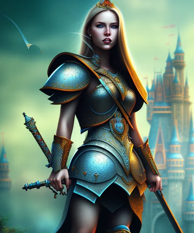 happiness world, castle background, warrior princess in front