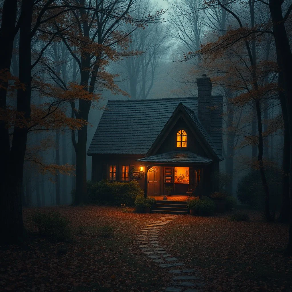 a warm welcoming cottage in a dark autumn forest, lots of trees, fairytale mood