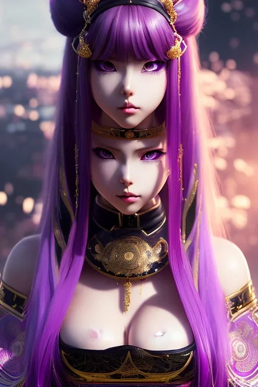 Detailed cute anime Kunoichi girl, purple hair buns, purple bangs, black latex bodysuit, intricate details, full body portrait, keep head in frame, slight smile, black Japanese motif, concept art, highly detailed, digital painting, concept art, sharp focus, illustration, art by Yoji Shinkawa, WLOP and greg rutkowski and alphonse mucha and artgerm and yanjun Chen and Junji ito and Makoto Shinkai, HDR, octane render