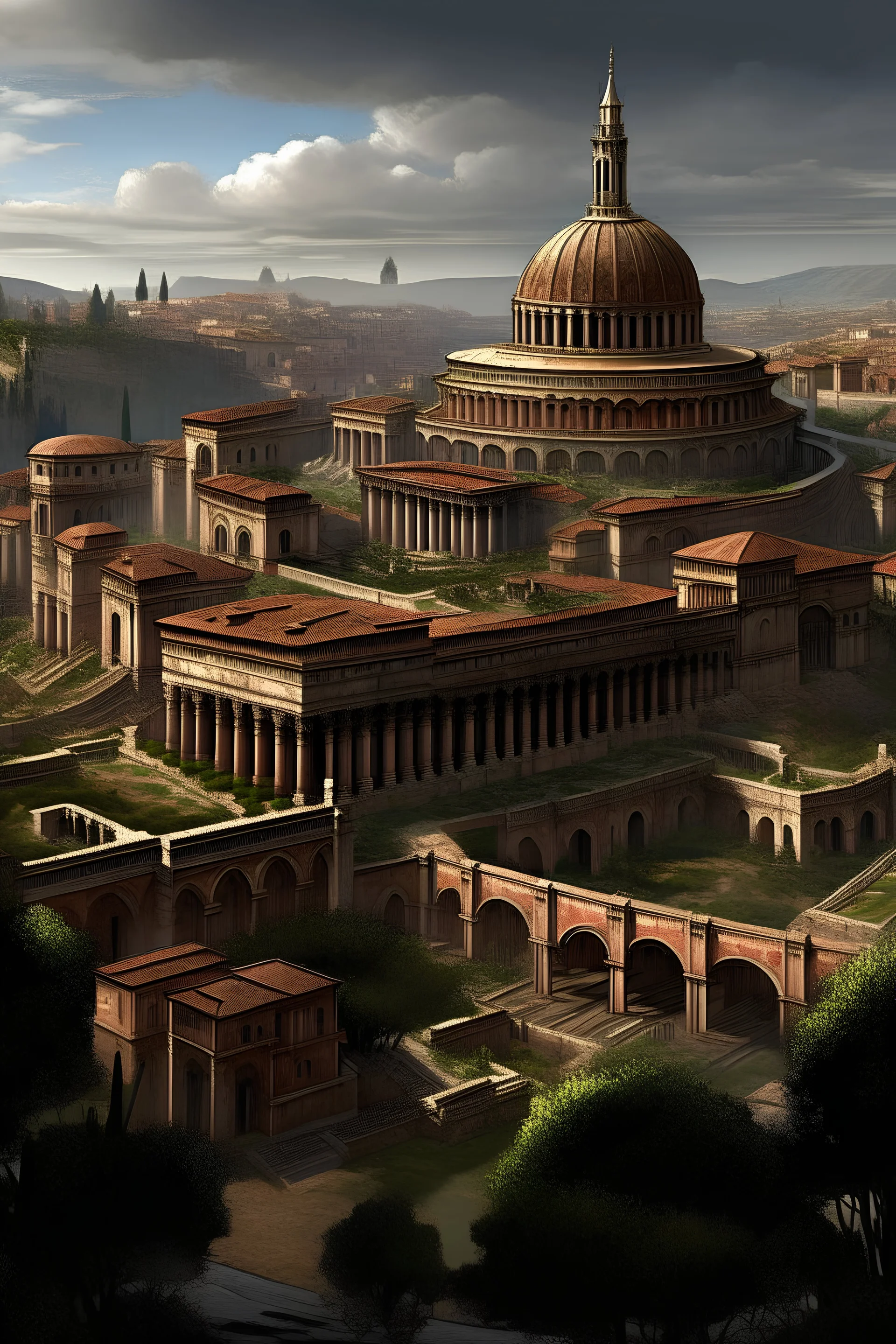 Imagine a sprawling Roman-inspired cityscape surrounding a magnificent castle. The castle stands as a testament to the glory and power of ancient Rome, with its grand columns, intricate mosaics, and towering domes. Describe the city streets lined with marble statues, bustling marketplaces, and majestic temples reminiscent of the Roman Forum. Capture the essence of Roman architecture, culture, and civic life in both the castle and the city, evoking a sense of grandeur and history