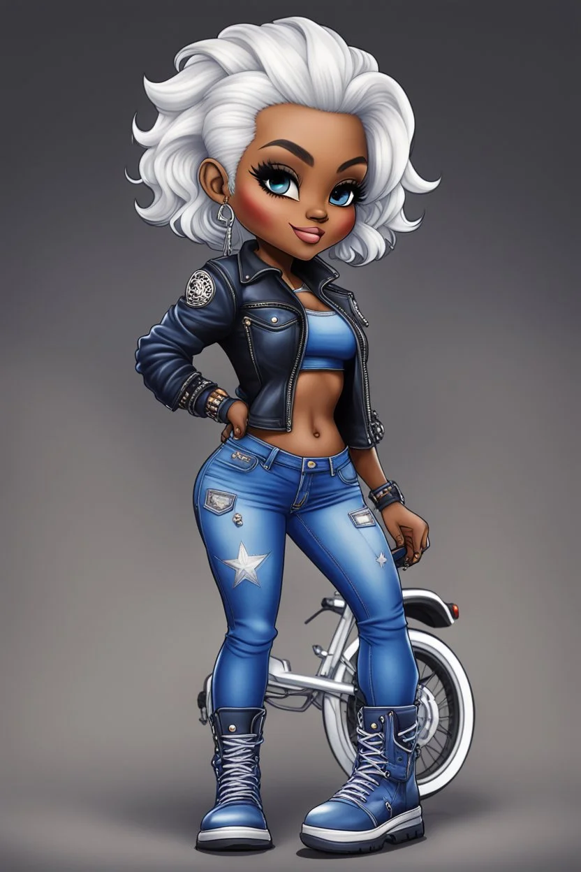 create an airbrush illustration of a chibi cartoon voluptuous black female wearing a blue jean outfit with biker boots. Prominent make up with hazel eyes. Extremely highly detail of a very low platinum blonde pixie haircut. Background of a bike show.