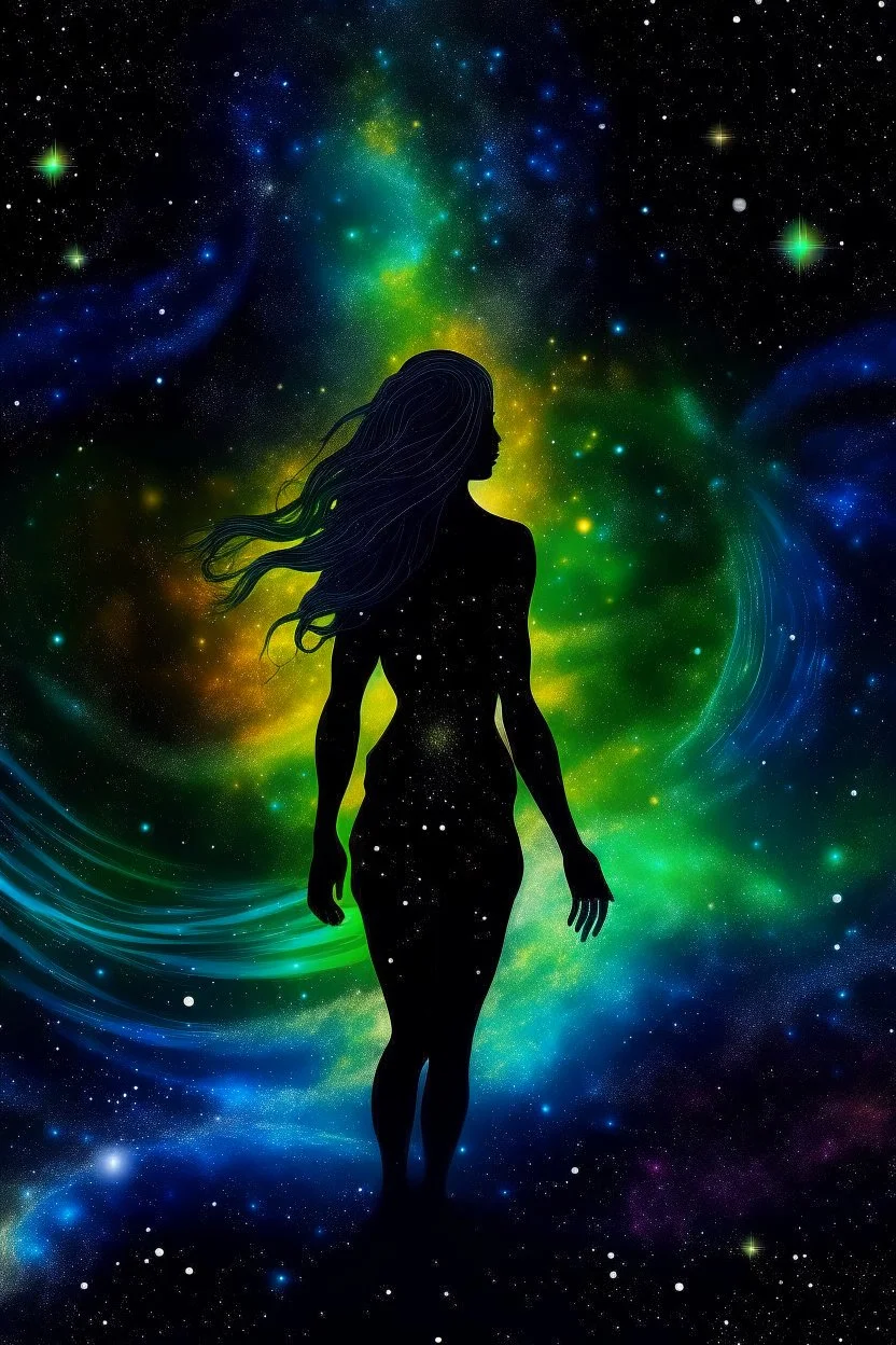 Cosmic Elements and Female Spirituality The current is colored in different shades of blue, green, and yellow, creating a dynamic and powerful effect. The silhouette is outlined by cosmic elements, such as stars and planets, which add to the fantasy-like atmosphere. The background is set against a galaxy background, adding a sense of space and adventure. The photo is taken with a high-resolution 4K cam