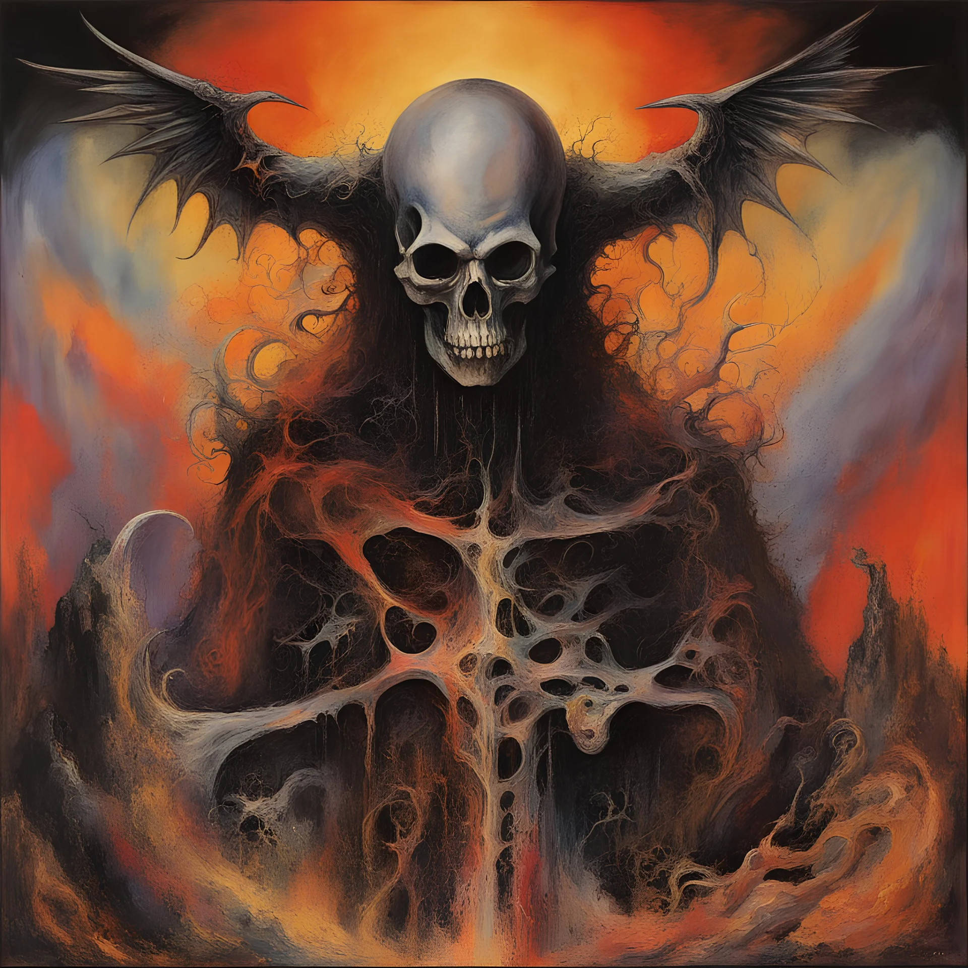 straight from Hell, cracked my brain with magic pain, 80's Heavy Metal Album Cover, text "HOLY DIVER" in Dio font, horror surrealism, by Wes Benscoter and Graham Sutherland and Jim Dine, mind-bending acrylic illustration; warm colors, diagonal composition, abstract wiccan textures, complex contrast, horror,