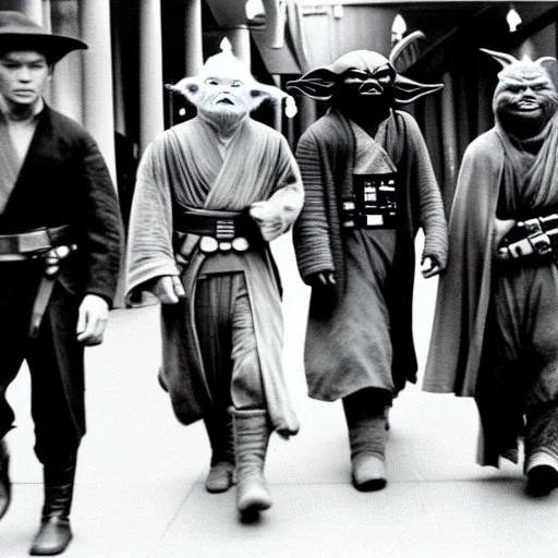 Creepy old photo of star wars Yoda and ewok type people out shopping at old town