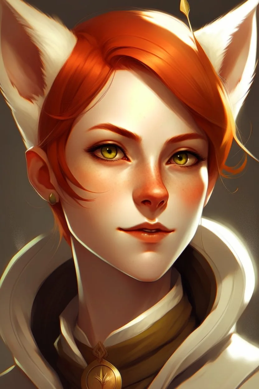 An woman with very short red hair, gold eyes, large fox ears, slight smile, pale skin