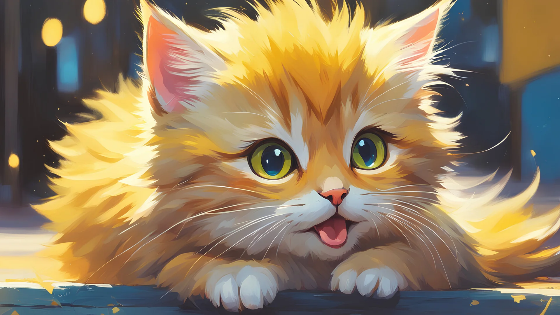 kitten, yellow fur, face facing forward, smile with tongue sticking out, acrylic painting, trending on pixiv fanbox, palette knife and brush strokes, style of makoto shinkai jamie wyeth james gilleard edward hopper greg rutkowski studio ghibli genshin impact