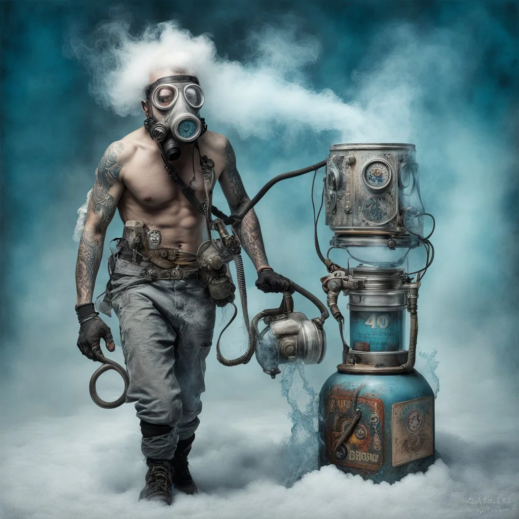 heavy dry ice vapors, young man with tattoos wearing gas mask-like contraption tubes running to an icy blue vapor leaking cannister reading text "40 BELOW", dry ice vapor effects, background sideshow carnival, psychedelic, colorful, digital art, gritty, hyperrealistic, weirdcore, by Joel-Peter Witkin