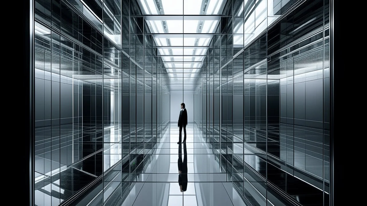 The labyrinthine structure sprawls beneath a vaulted ceiling of frosted glass panels, each casting a cold, uniform glow across the gleaming chrome floor. The air is charged with a faint hum of electrical current, a silent testament to the myriad of unseen systems that animate the space. The corridors are narrow, barely wide enough for two people to pass in single file, with walls of stark white tiles that seem to pulse with a sickly luminescence. The floor beneath echoes with the clack of footst