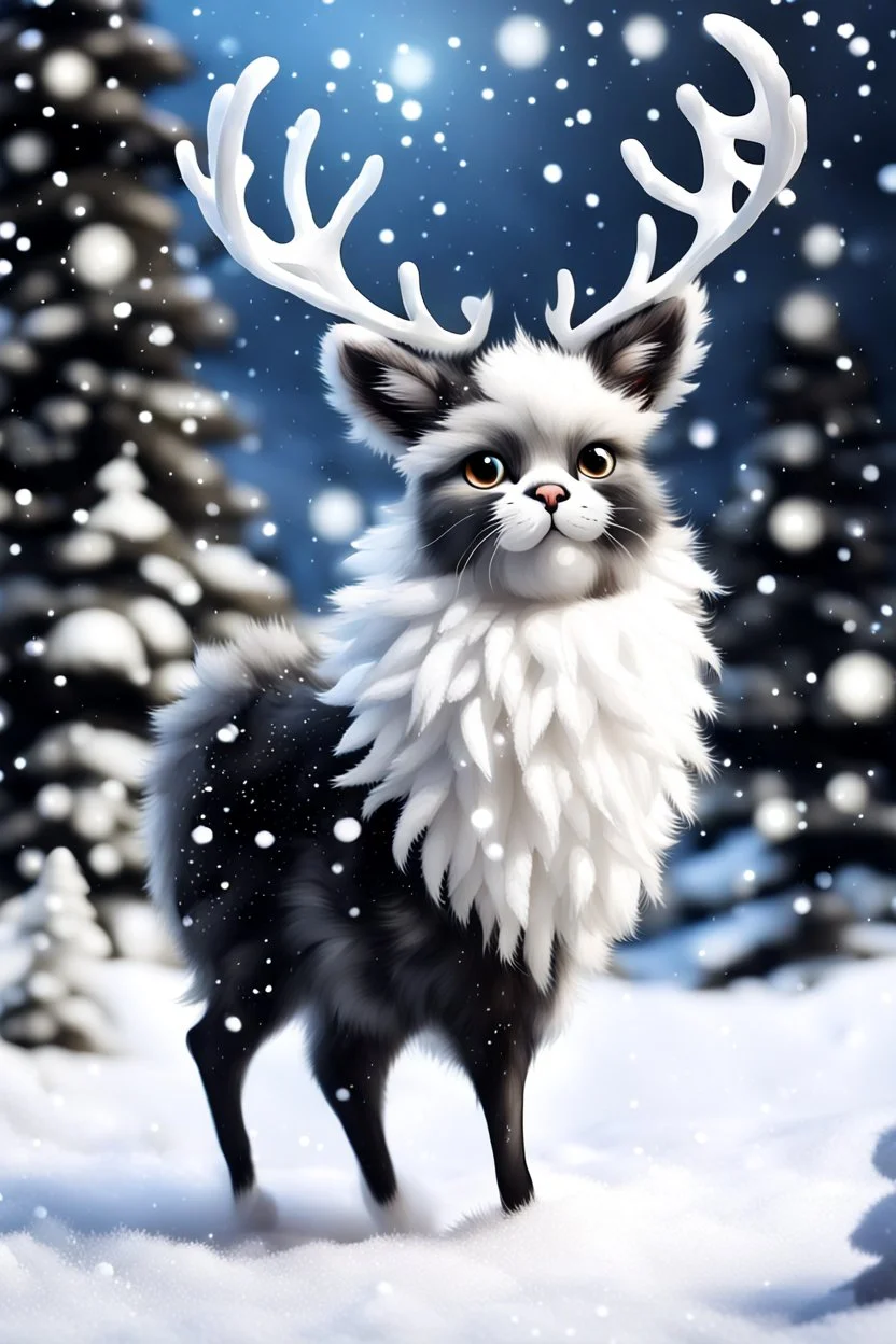 Create a white black Fluffy reindeer Mixed with a kitten in the Snow playing in the background is snowing