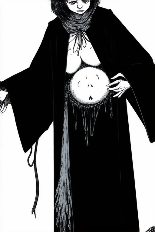 7 year old boy, necromancer, friendly, looks dead,with a long lamprey emerging from his bellybutton, wearing black robes, with the lower body of a ghost in the style of Harry Clarke