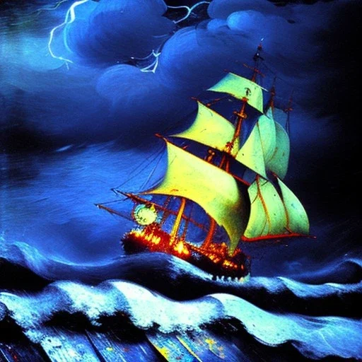 Dibujo al oleo de un Viejo Galeón Pirata navegando en la tormenta, Rayos y truenos, con nubes estilo Vincent van Gogh 8k