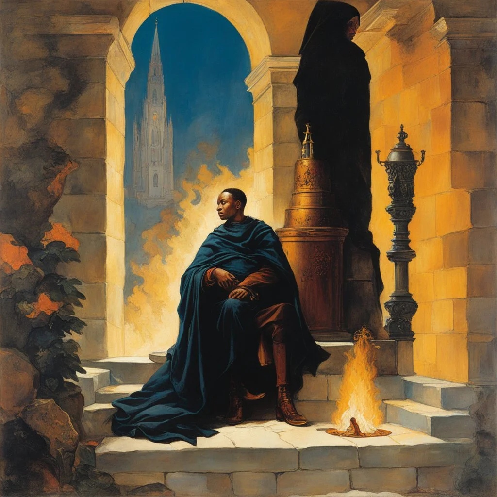 [art by Norman Rockwell] With newfound determination burning in his eyes, Roupinho stepped back, his gaze lingering on the statue of the Black Madonna. Leaving the grotto, Roupinho emerged into the world, his heart aflame with the divine spark that had been ignited within him. And so, the knight set forth on his sacred quest, his destiny intertwined with the miraculous presence of the Black Madonna of Nazaré. The echoes of his pledge reverberated through the hallowed halls of his soul, ignitin