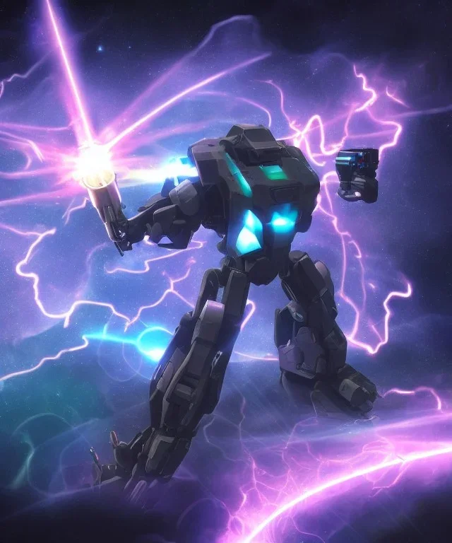 Futuristic mechwarrior holding cosmic astral water earth air fire plasma electricity sparks glowing sigils