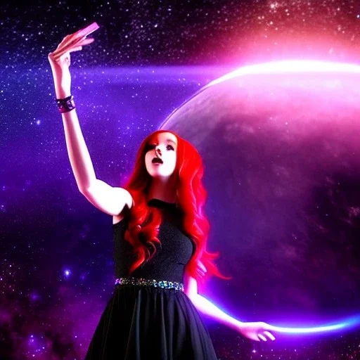 Pretty teenage girl with red hair who is dressed like a space witch casting a spell, girl has stars in her eyes, background is realistic space renditions, wearing a black emo dress, full body portrait, rendered, unity 3d, unreal engine, dslr, hdr, 4k, edited, photorealistic