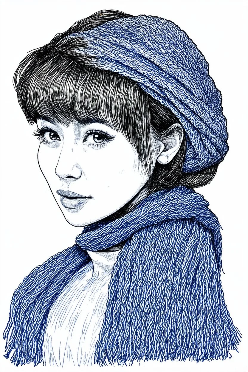Chanteuse Jen h.ka, cache-nez en laine, dessinée au stylo Bic bleu