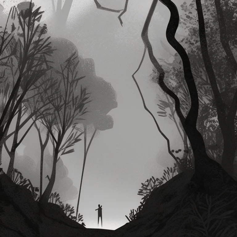 ilustración de un hombre en mitad de un bosque