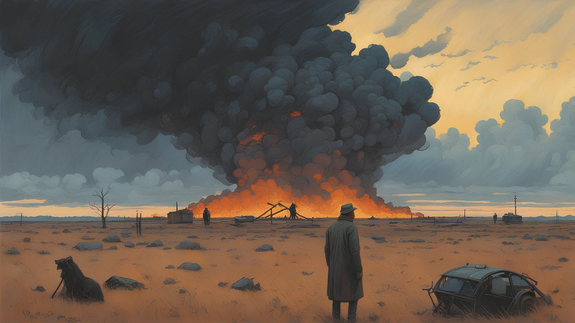 Scorched earth, Denis Sarazhin, Alex Colville, Simon Stalenhag, ominous sky