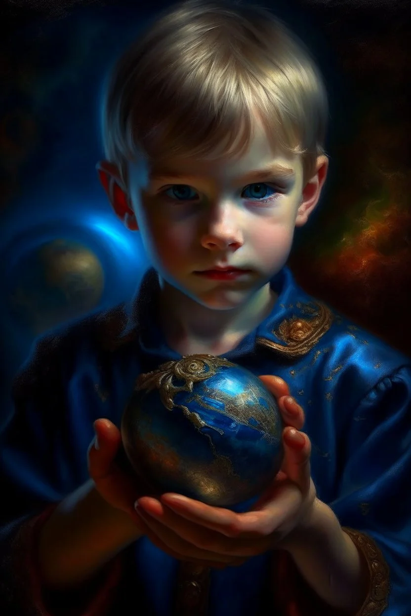 book cover illustration, oil painting portrait of metallic sleeping slightly cute smirking innocent blue eyed vampire holding small earth on a platter, bokeh , high detail, smooth render, prize winning, down light, depth of field