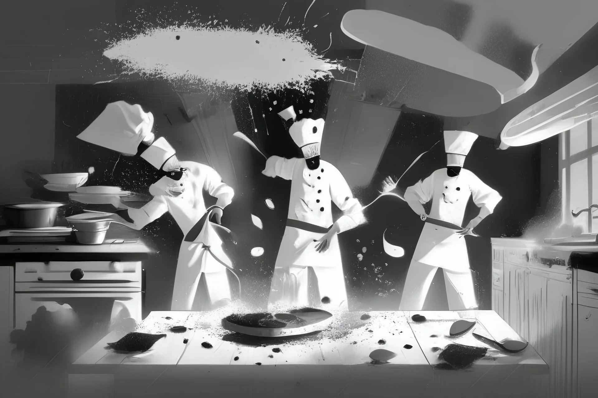 black white storybord, 3 chefs, scattered throughout the kitchen cooking, frying, cutting looking