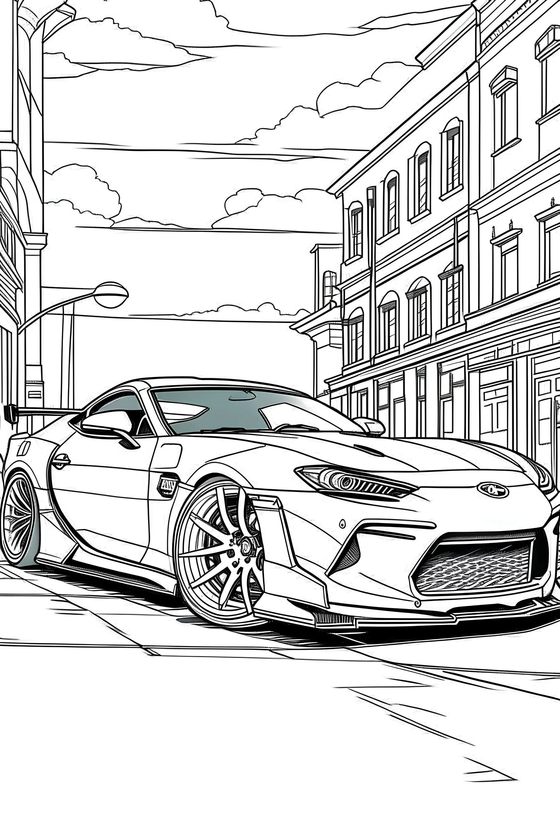 coloring page, car Toyota Supra 2019 alternative parked on the asphalt street, cartoon style, thick lines, few details, no shadows, no colors, centered in the image