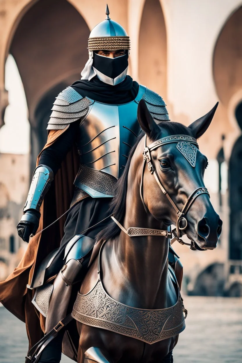 Arab cyborg warrior Full Body Full Armored helmet,Wearing Face Mask Iron Masculine Mysterious Powerful Fantasy High Quality clothes,driving on horse,islamic city background