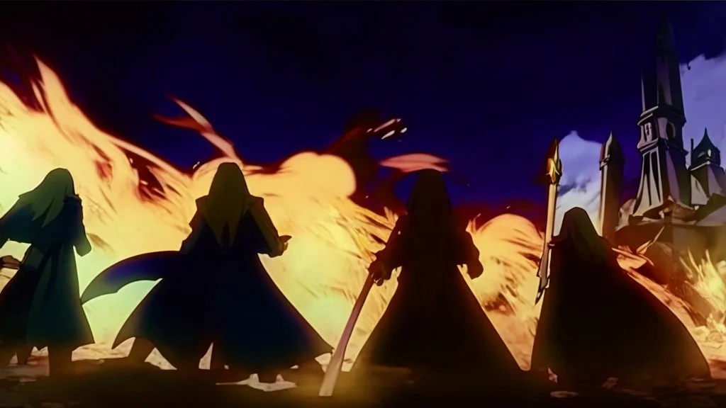Adventurer party of four people, standing before a dark castle