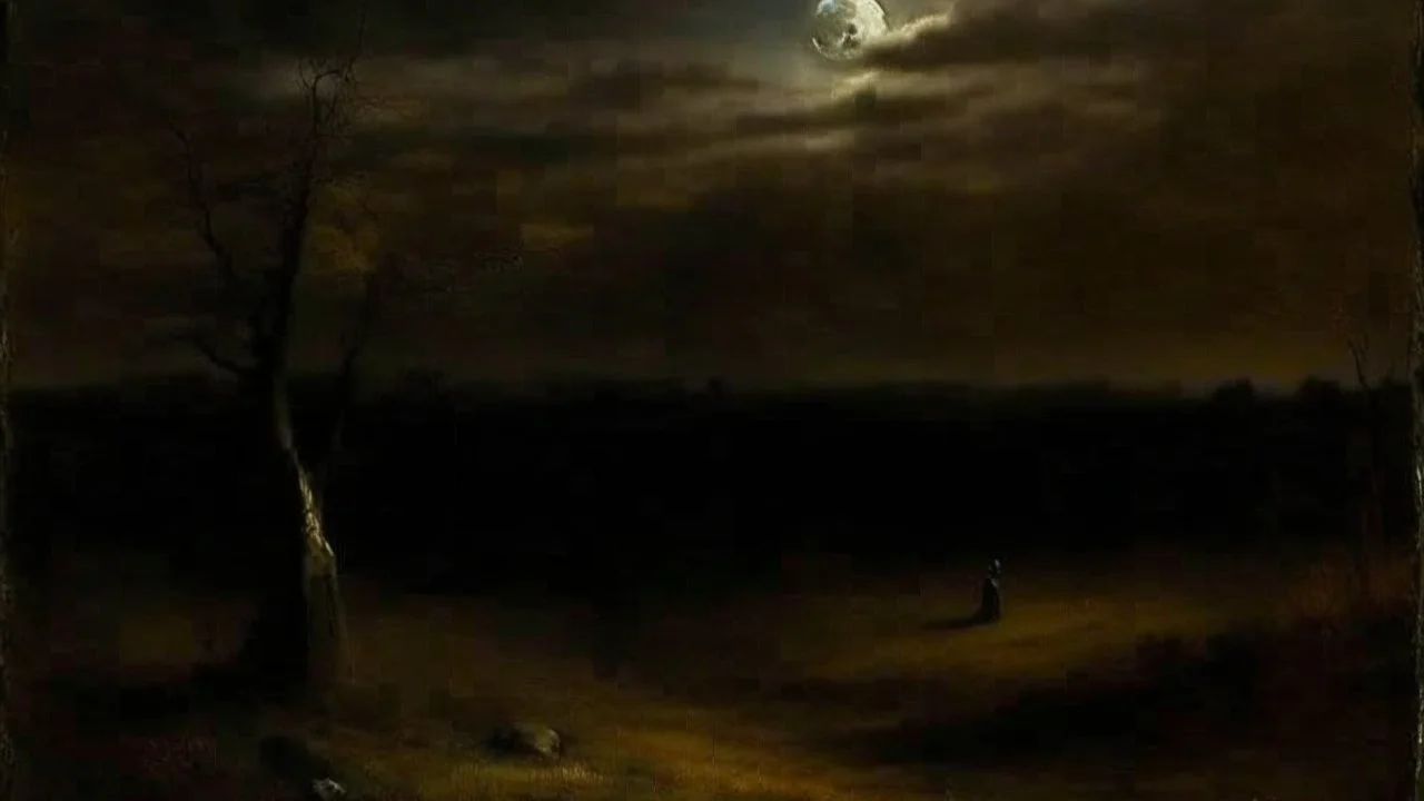 A black twisted moon painted by George Inness