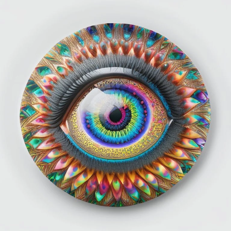 circular sticker on white background, psychedelic multicolor eyes, Optical Illusion, gradients multicolor, intricated Pattern, HD, 3D , Unreal engine, solids, highly detailed, vibrant color, octane render, centered