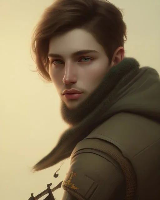 boy, cute, young, brown hair, green eyes, medium hair, close up, head and shoulders portrait, head and shoulders portrait, 8k resolution concept art portrait by Greg Rutkowski