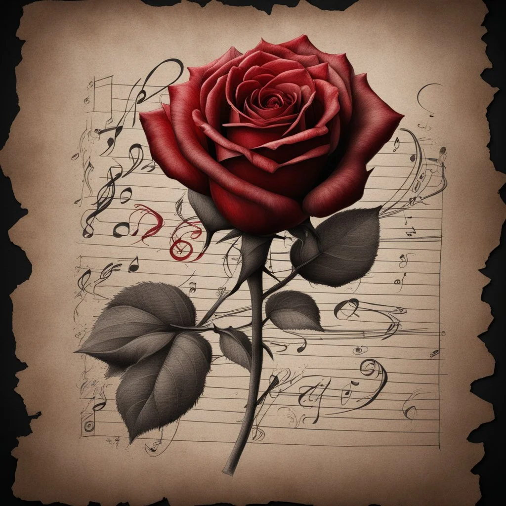 Hyper realistic sketch of a red rose & musical notes on a vintage paper on side with dark background