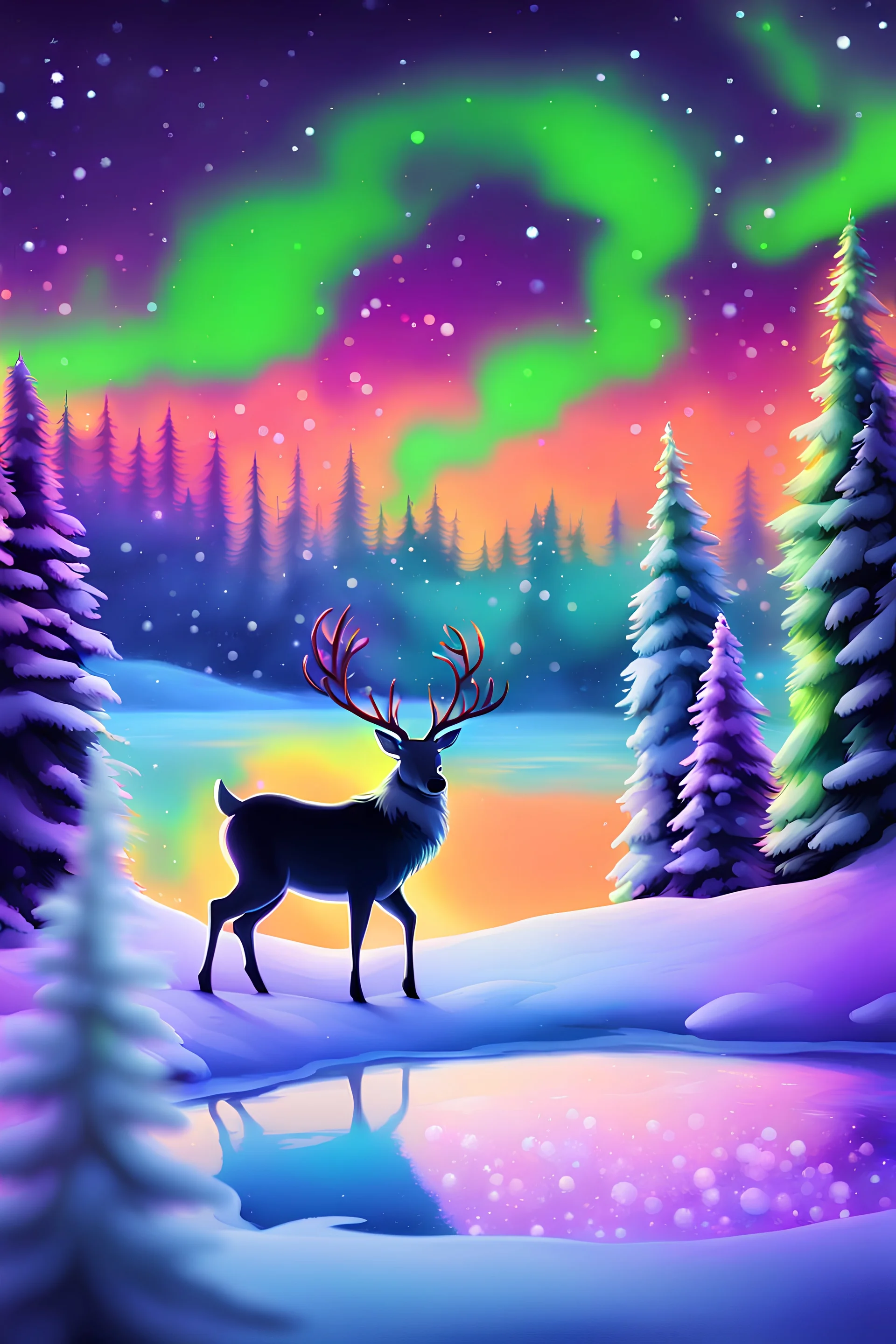 lean, beautiful long-legged cartoon reindeers on a frozen pond, Christmas ambiance, dayglo orange, chartreuse green, neon grape purple, spray paint, ink in water, luminous color sparkles, smoke, deep forest, glitter snow, snowflakes, pine trees, nebula sky, super-cute, adorable, beautiful, happy scene