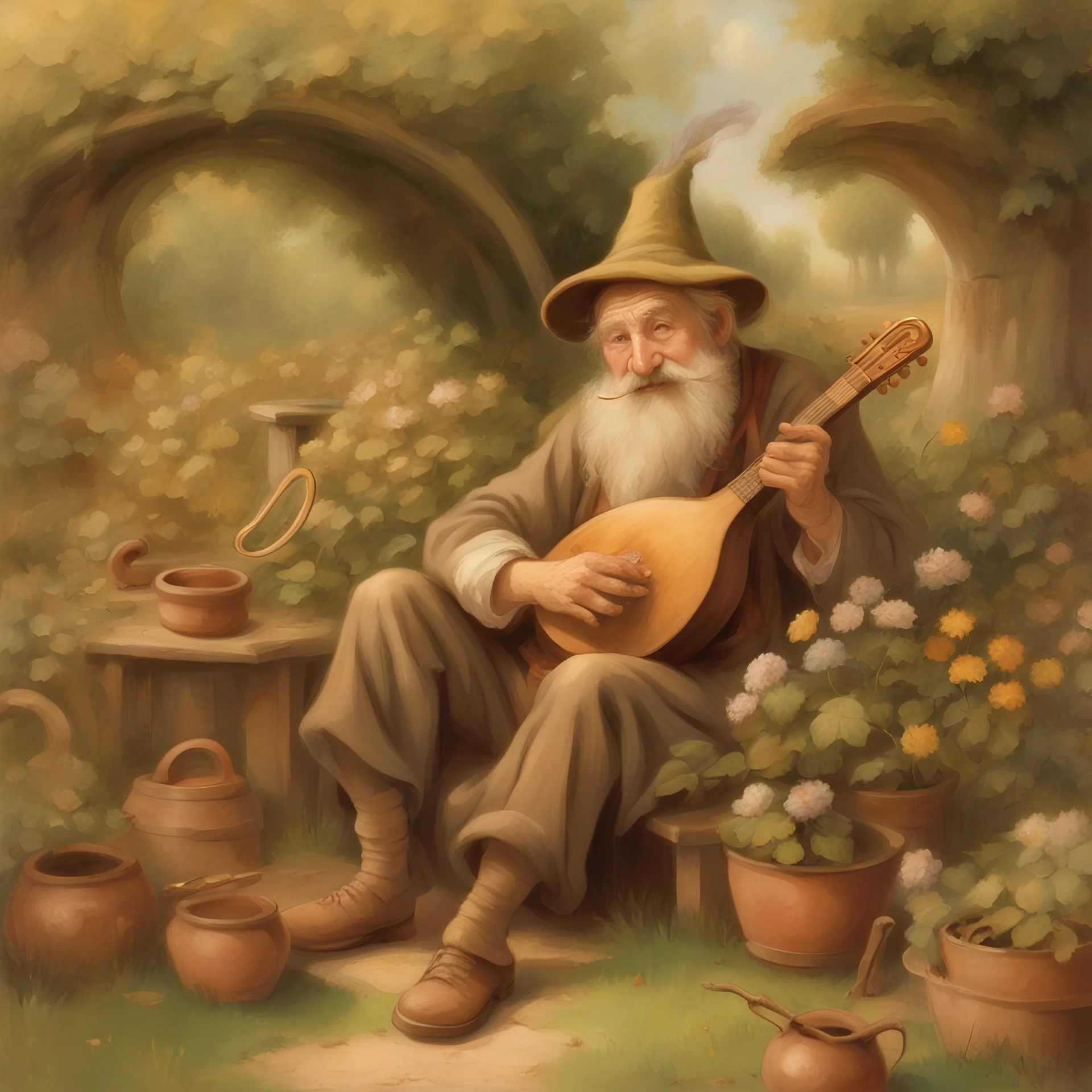 happy old halfing hobbit smoking a long stemmed tobacco pipe and playing smoking lute in his garden