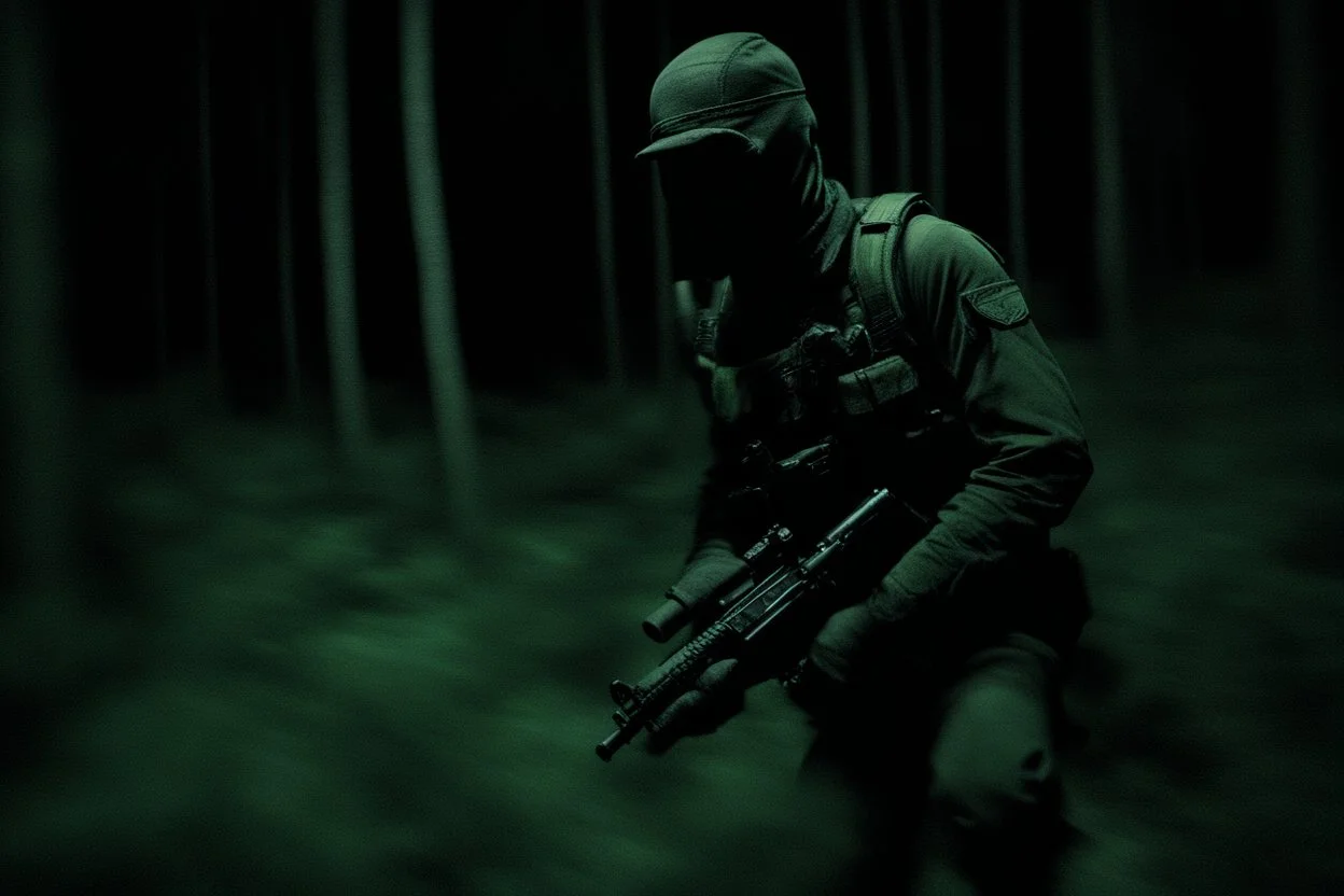 blurry nightvision camera photo of a masked guy being chased by mercenaries in the woods at night