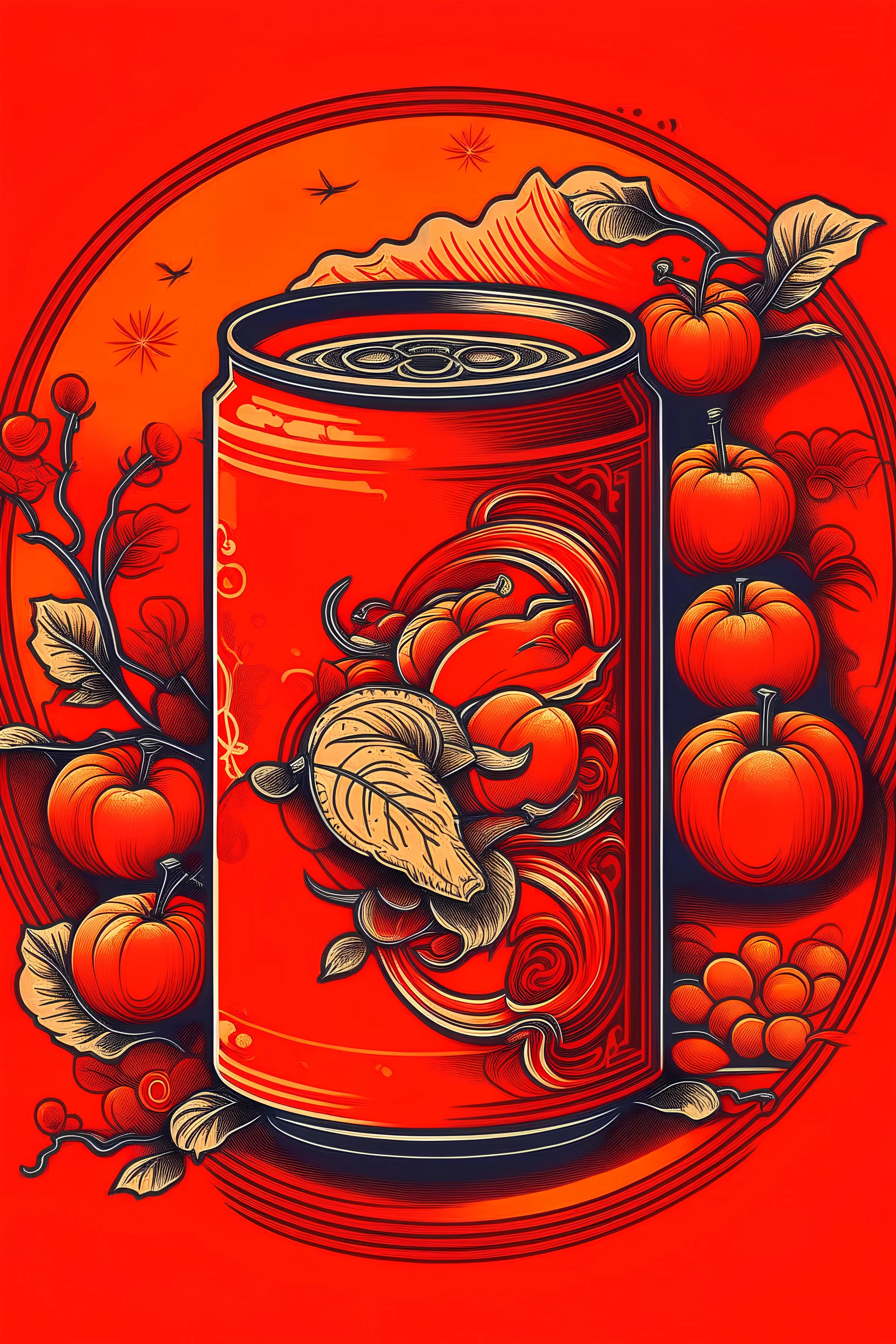 Orange and red can with chillis and oranges on the can in an ancient chinese art style