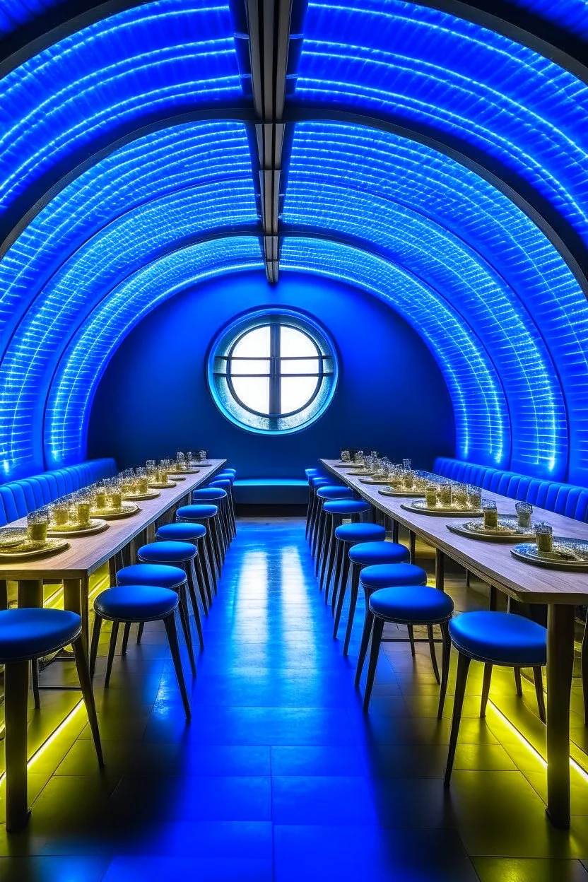 A restaurant whose outer walls are oval in shape, the color of the inside is blue, and its floor is light, with one large table in the middle of the restaurant in the shape of an oval, the length of which is 6 meters.