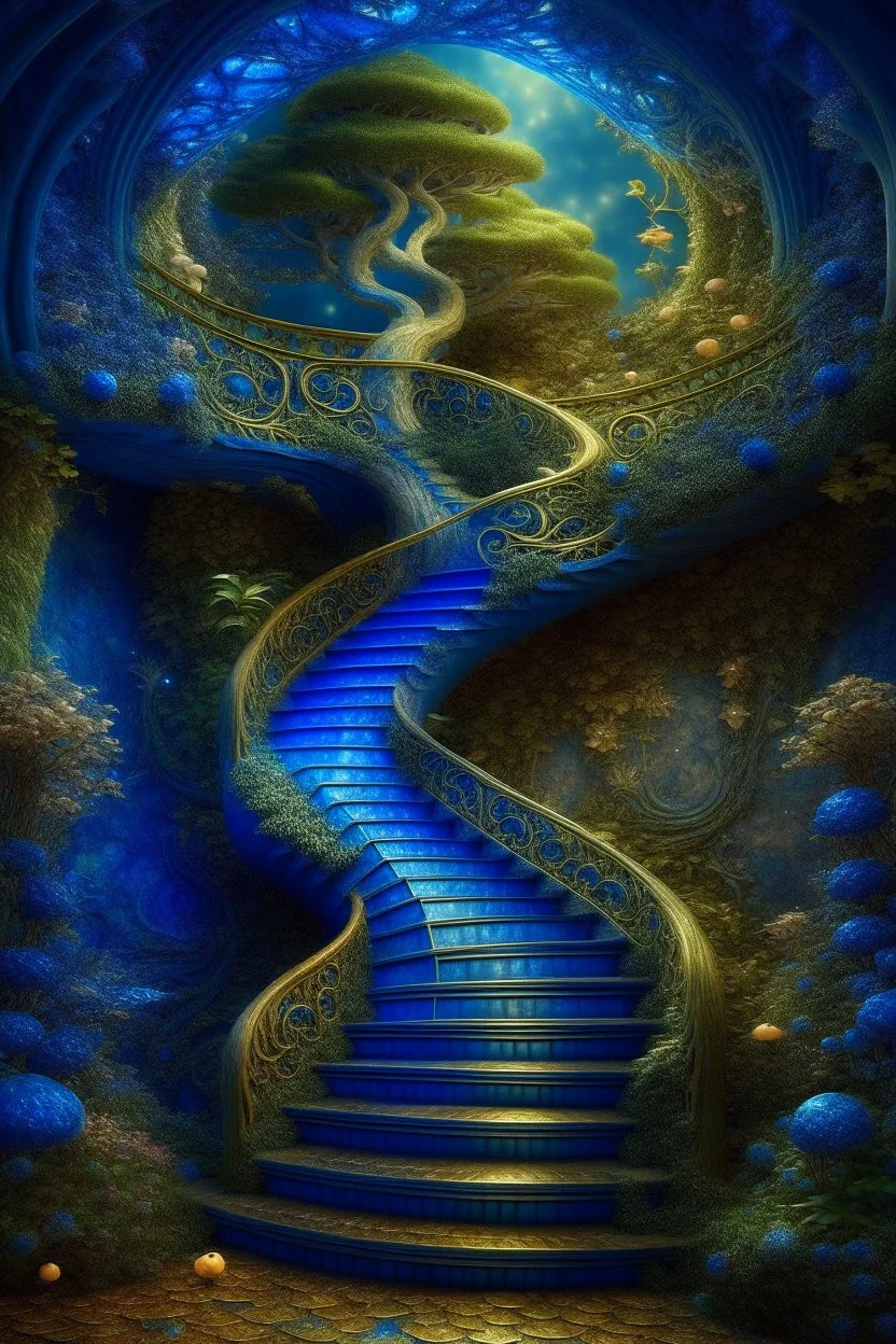 77. Staircase around a mighty tree spiral staircase of lapis lazuli to heaven, Baroque, epoxy sola, covered with flowers, Empire style, Gothic, botanical fantasy, deep drawing, full detail, bright colors, pearls, opal, bottom view, fabulously, incredibly beautiful, colored plaster, powder explosion, colored splashes, hyperrealistic, high resolution, professional photo, fashion magazine