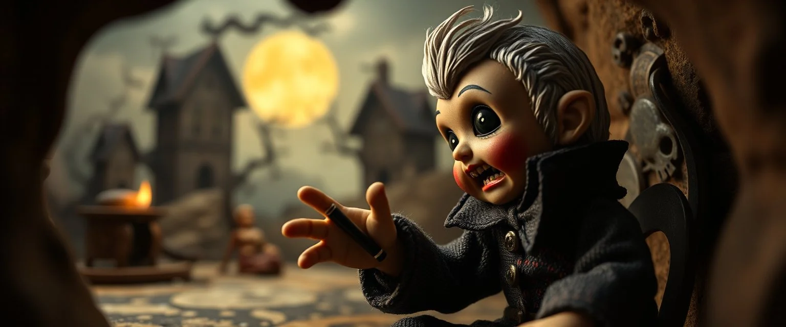 pin hole picture, miniatures on fake scene,master oil painting by Rembrandt, good afternoon disney bitch scary stone age vampire, close up on a stupid doll trying to explain something weird