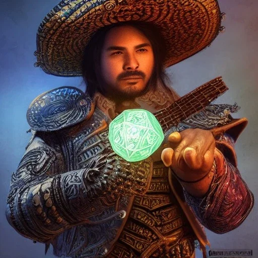 Insanely detailed photograph of an “male mariachi warrior holding glowing D20” with intricate detailed Sombrero, intricate charo, hyperdetailed painting by Ismail Inceoglu Huang Guangjian and Dan Witz CGSociety ZBrush Central fantasy art album cover art,8K, hdr, mysterious, flickeringlights ,Stoic