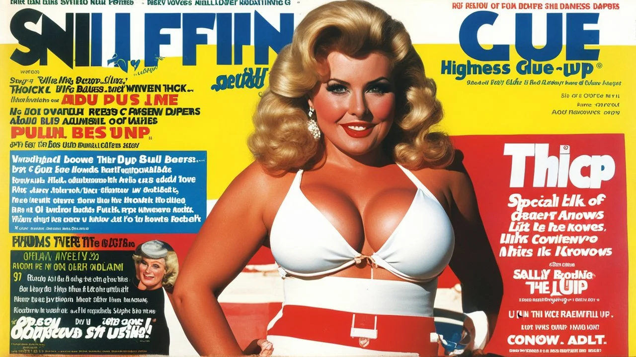 SNIFFIN’ GLUE magazine high res photo cover by Russ Meyer: special issue #42 on the business of adult pull-up thick diapers, seen from bellow, guest star: blonde Sally knows that there were incontinent women like herself with large busts out on the beach and she is missing adult ultra thick pull-up diapers with the matching bras. Her concept is to pair diaper designs with bra designs, specifically themed for surfing.