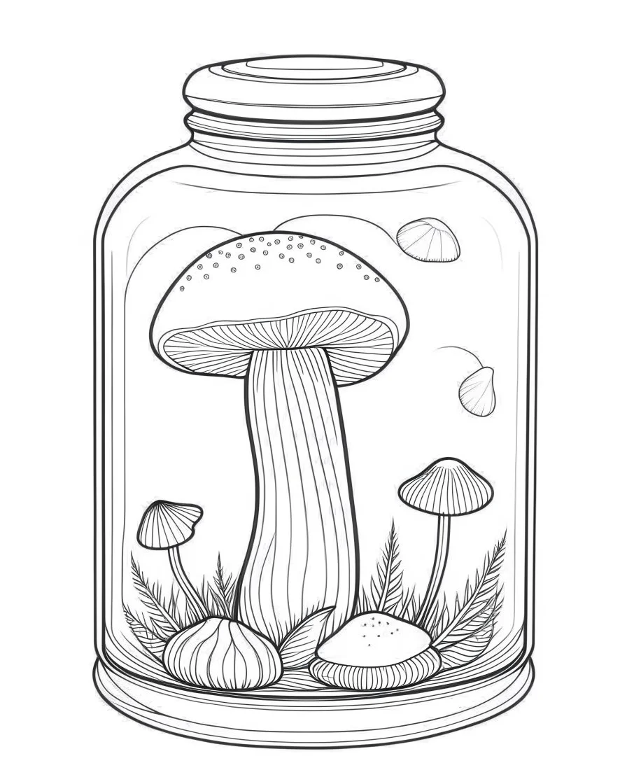 coloring page: Minimalistic Life Inside a Jar Mushroom: Line Art Coloring Book Page Style