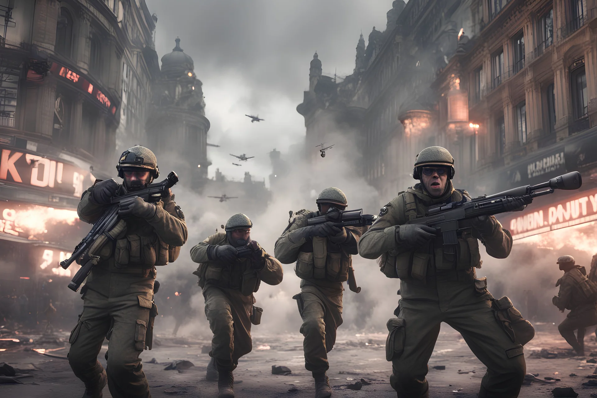 Call of Duty soldiers in battle scene gameplay 8K behance octane render during airplanes bombing Piccadilly Circus