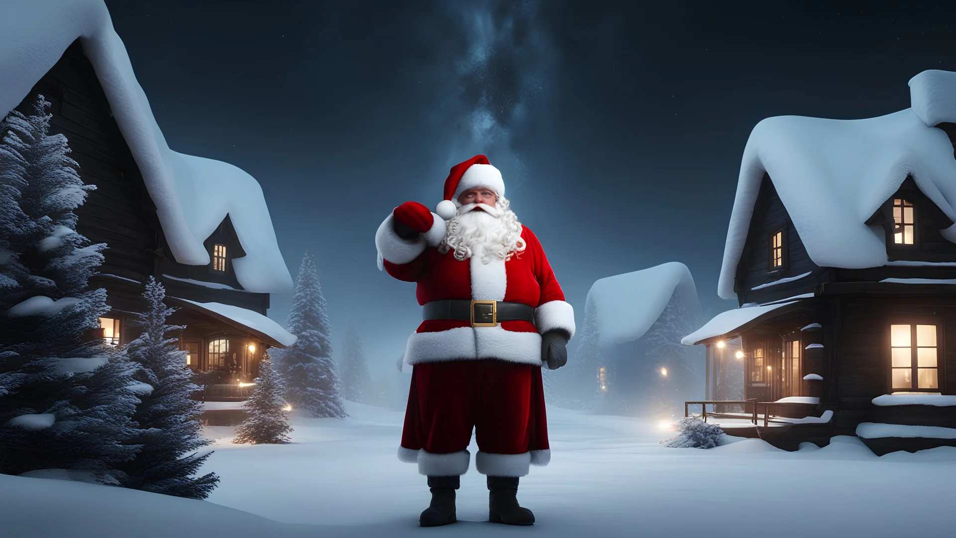 santa claus in north pole, stars,deep dark,midnight ,fog,8k, volumetric lighting, Dramatic scene