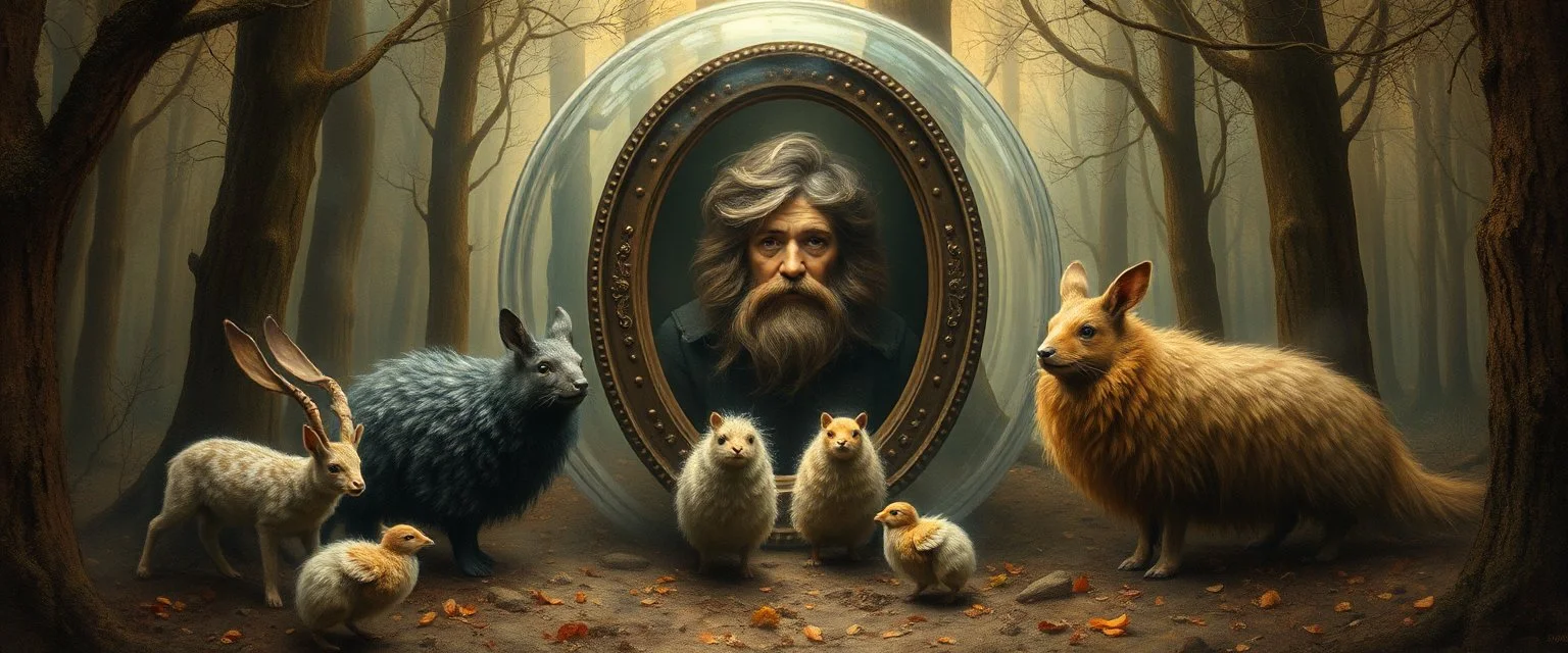 in the magical mirror forest we get a strange portrait and you enter the strangest bubble doorway to weird dimension and the aura of its heavenly fluffy elevated messed up woodland creatures flock painted by Nerdrum and Rembrandt