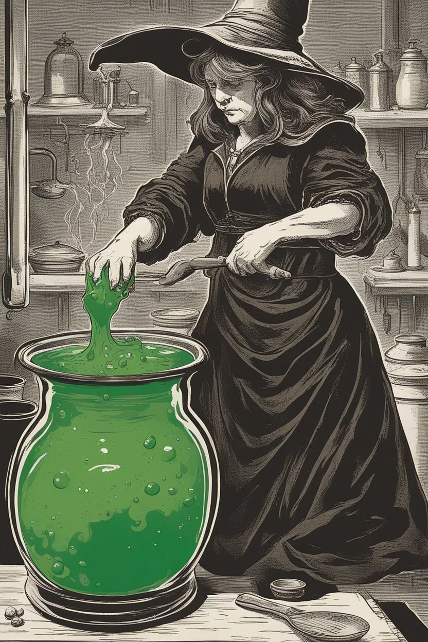 Witch gripping the handle of a spoon with both hands to stir a huge cauldron with green bubbling liquid