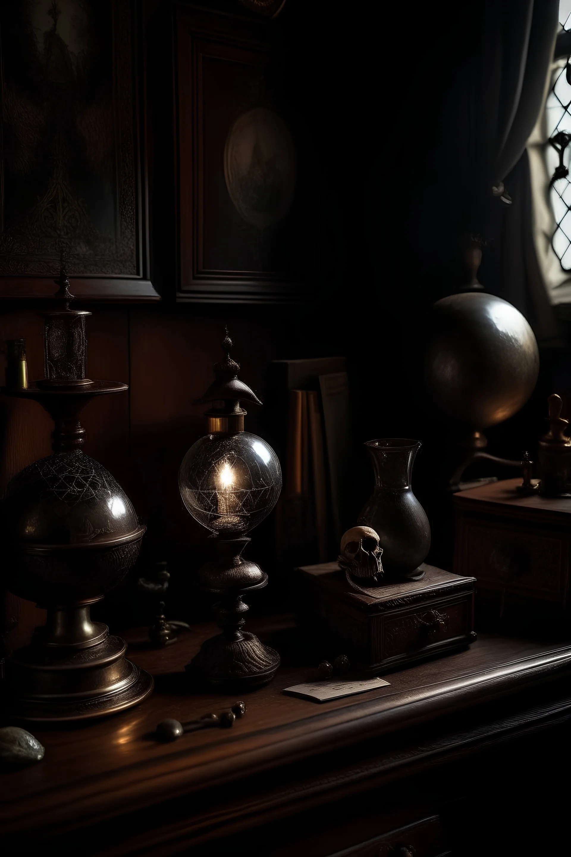 victorian occult items in a dimly lit room.