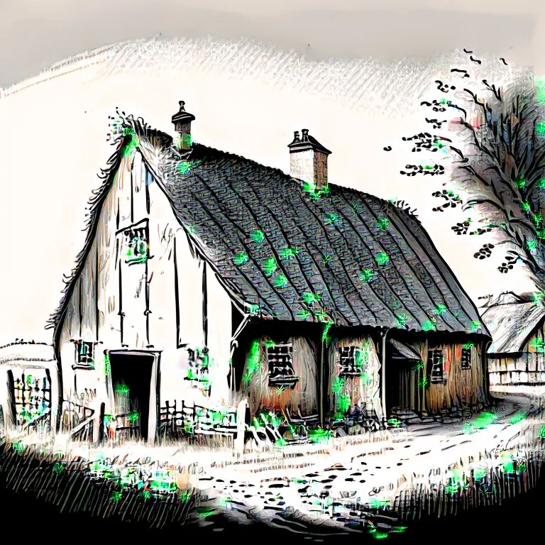 drawing of a 45 village farm building in the style of art novel